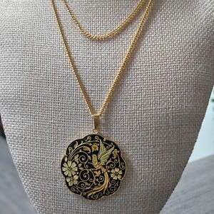 Vintage Damascene Gold and Black Pendant Necklace